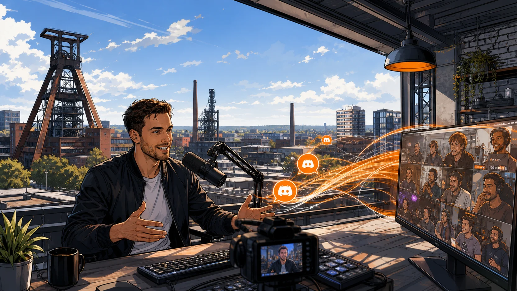 Streamer sendet live aus einem hellen Ruhrgebiets-Studio